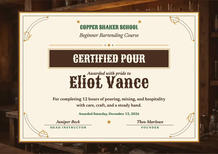 Copper Shaker bartending certificate template