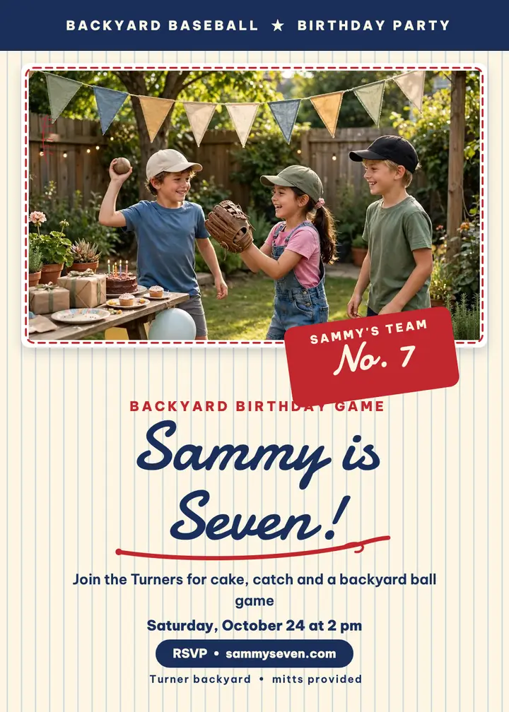 Sammy baseball backyard birthday invitation: baseball birthday invitation template