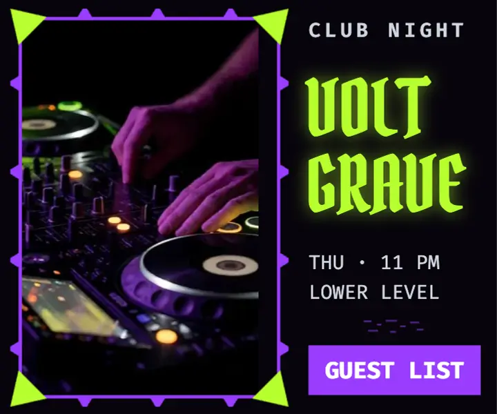 Voltgrave basement club night medium rectangle ad, cyber goth template