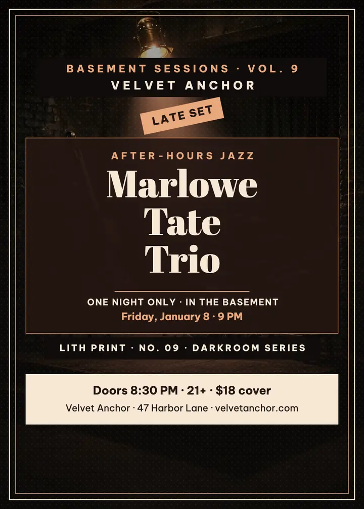 Velvet Anchor late jazz trio night invite template