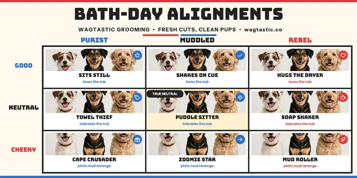 Wagtastic bath-day alignments pet post: dog grooming meme post template