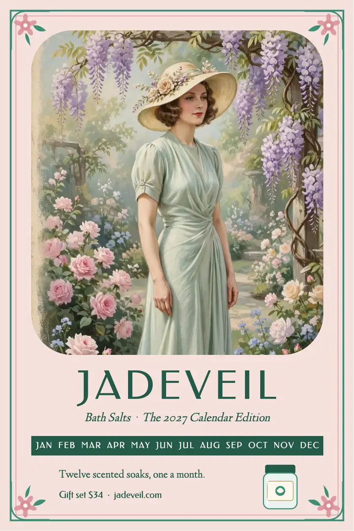Jadeveil bath salts calendar poster: vintage calendar poster template