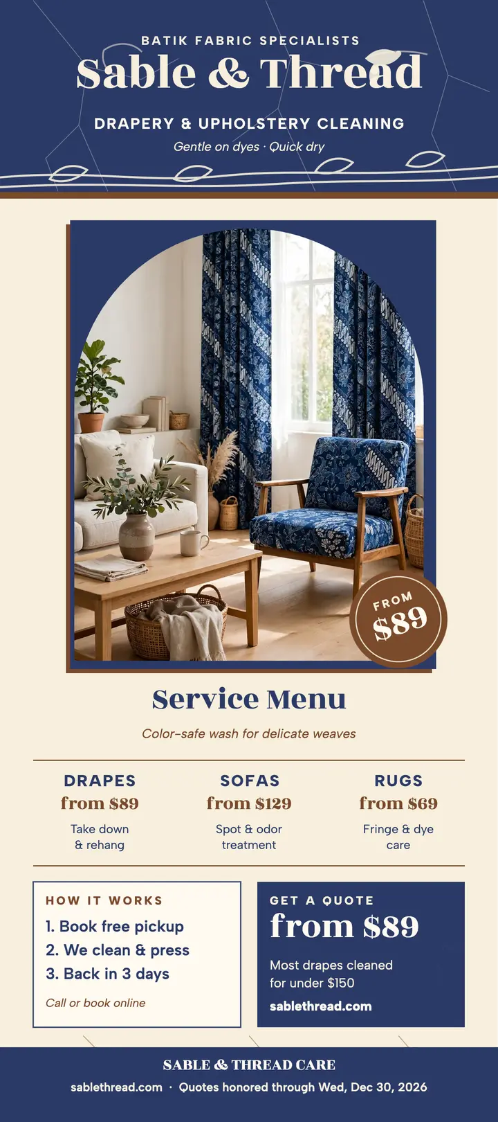 Sable and Thread drapery care rack card template