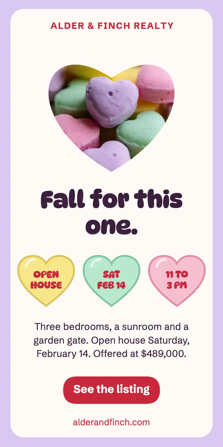 Alder & Finch Valentine's open house ad, candy hearts template