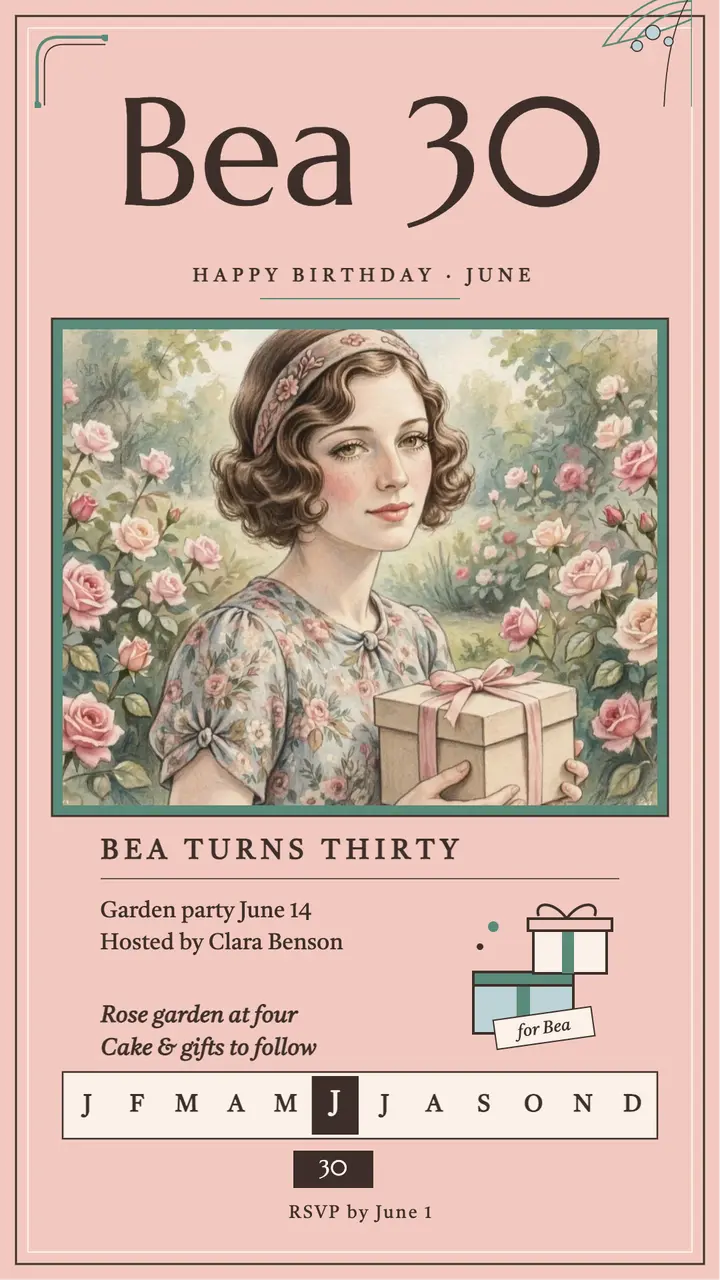 Bea thirty garden birthday story template