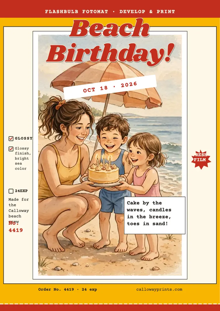 Calloway beach birthday photo lab flyer: beach birthday flyer template