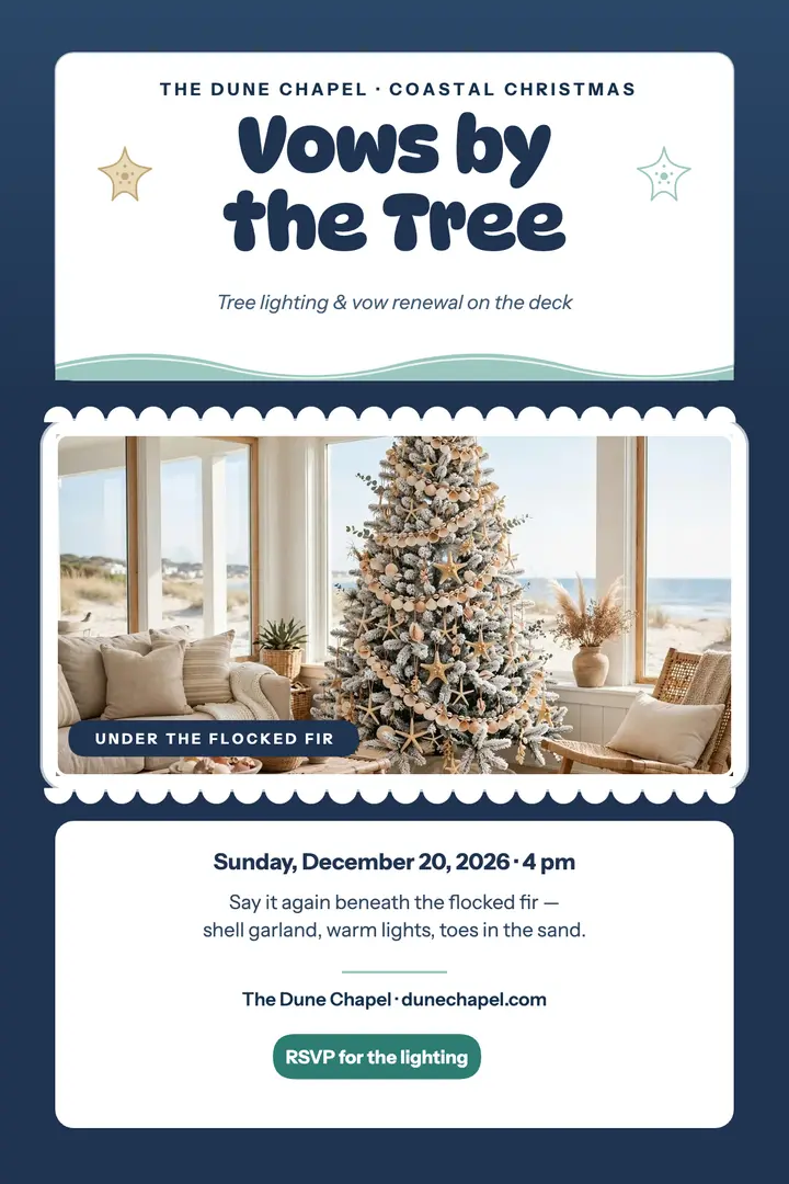 Vows by the Tree beach-house poster: christmas wedding poster template