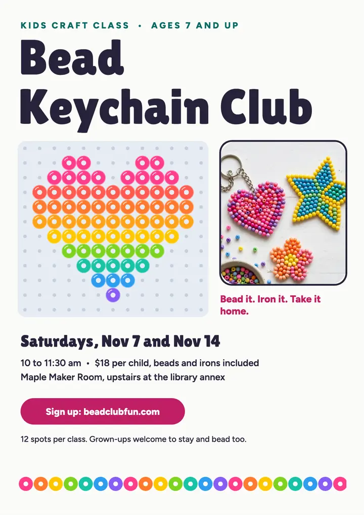 Bead Keychain Club kids craft class flyer template