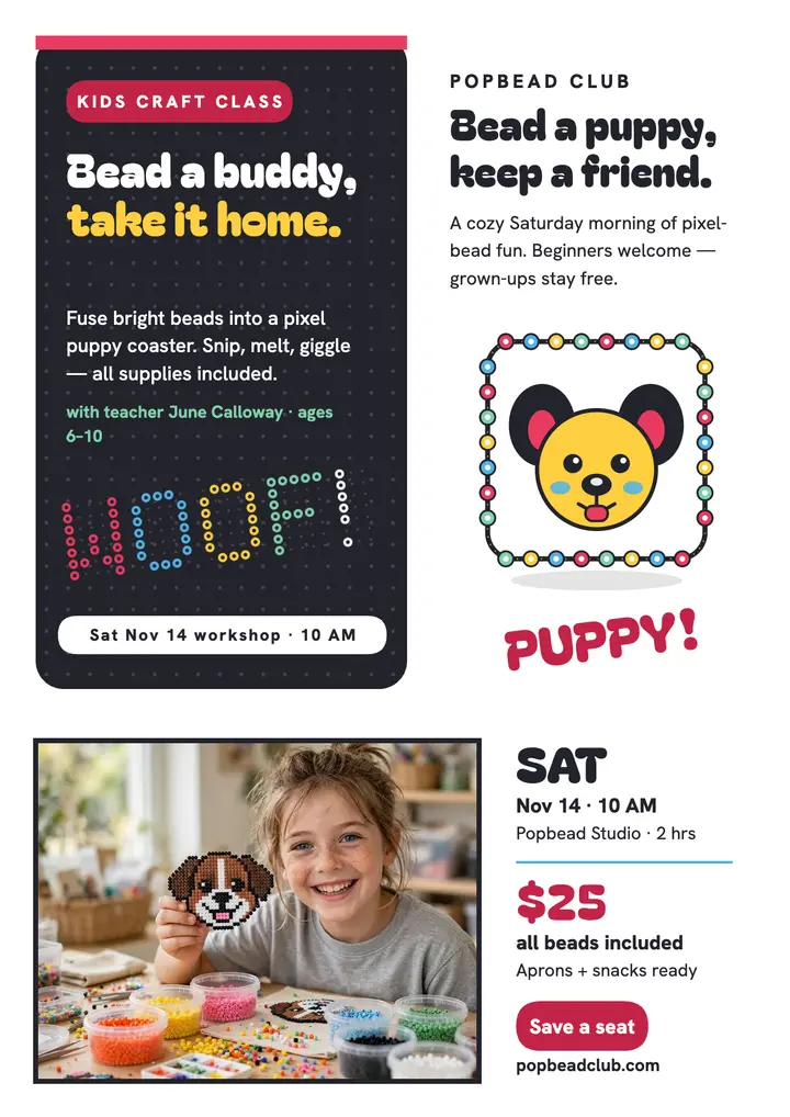 Bead puppy kids class flyer: kids craft class flyer template
