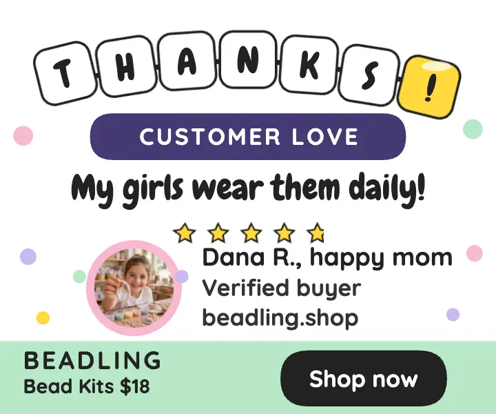 Beadling thank-you review, bead letters: craft shop review ad template