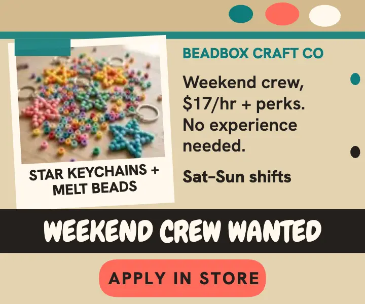 Beadbox weekend crew hiring mini ad template