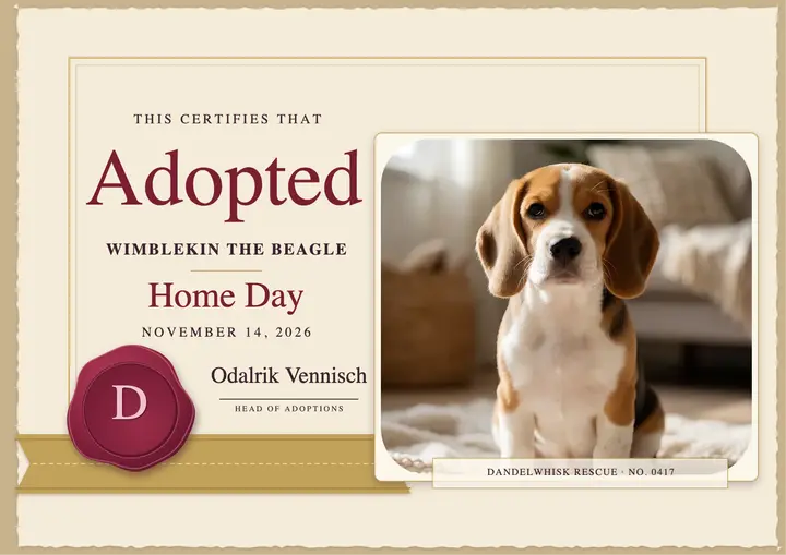 Beagle puppy adoption certificate with wax seal template