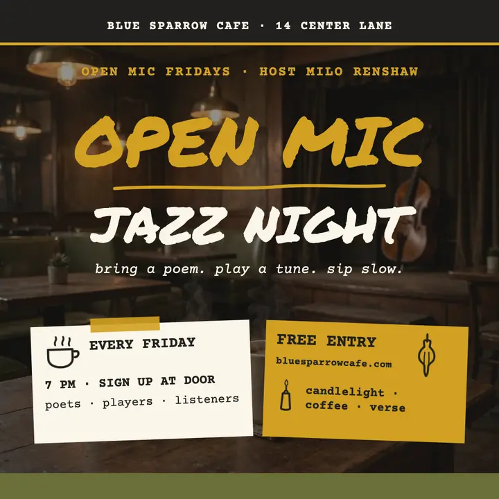 Blue Sparrow open mic jazz night square: open mic night post template
