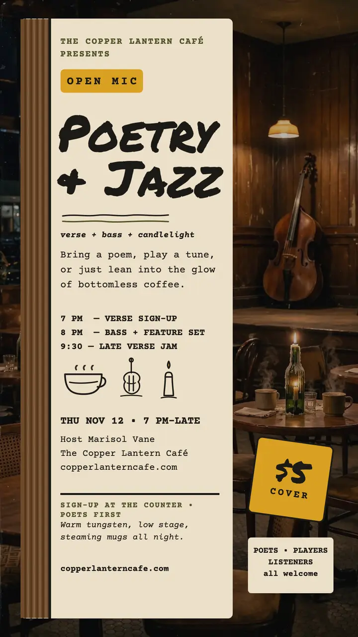 Poetry and jazz open mic story, café template