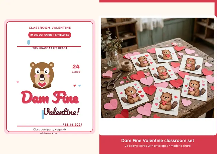 Nibblewick beaver valentine classroom set: valentine pun card template