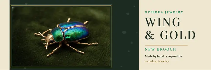 Oviedra Wing & Gold brooch collection header, beetle jewel template