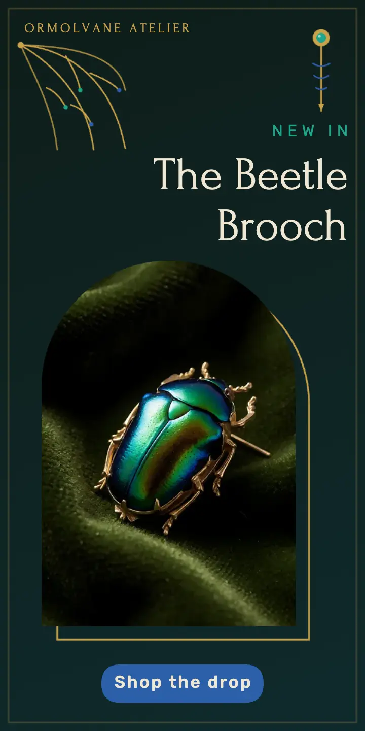 Ormolvane beetle brooch jewelry half-page ad template