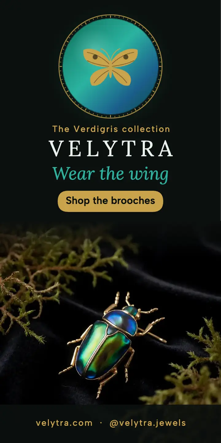 Velytra beetle brooch jewelry half page ad template