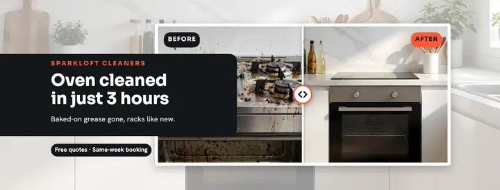 Sparkloft oven deep-clean before and after cover: oven cleaning facebook cover template