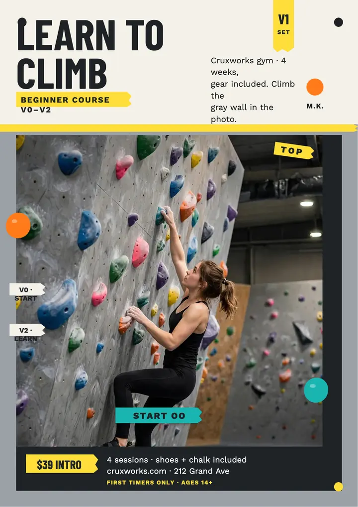 Cruxworks beginner climbing flyer template