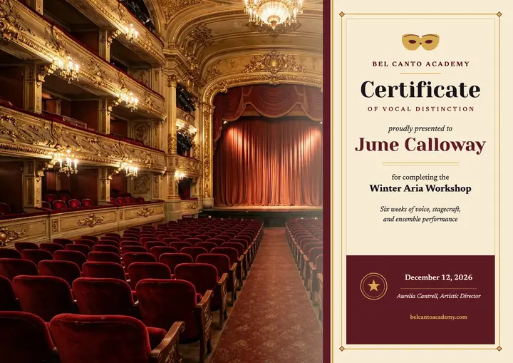 Bel Canto opera workshop certificate template