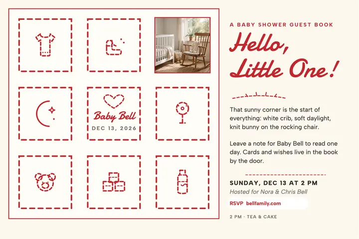 Bell baby shower redwork guest book card template