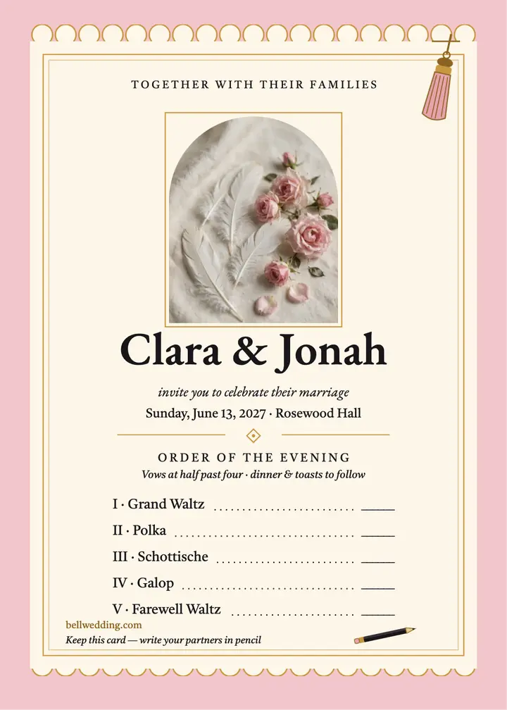 Clara and Jonah Bell dance card invitation: dance card wedding invitation template