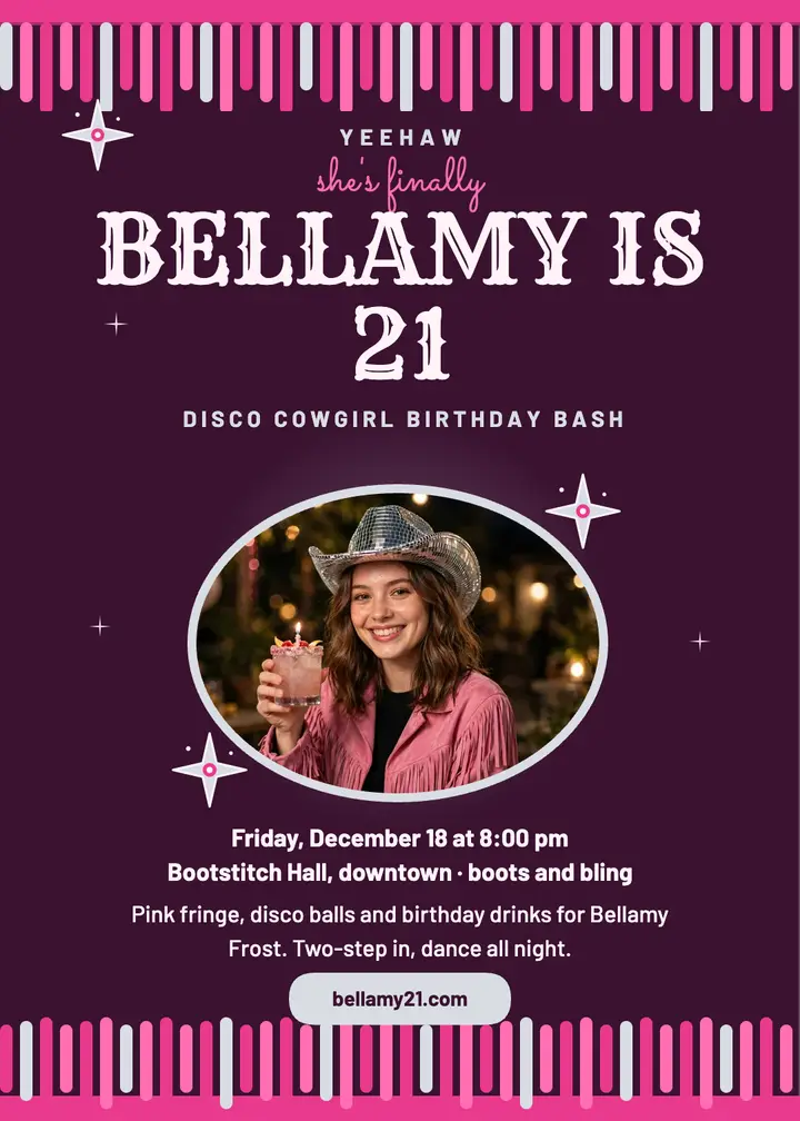 Bellamy's disco cowgirl 21st invitation template