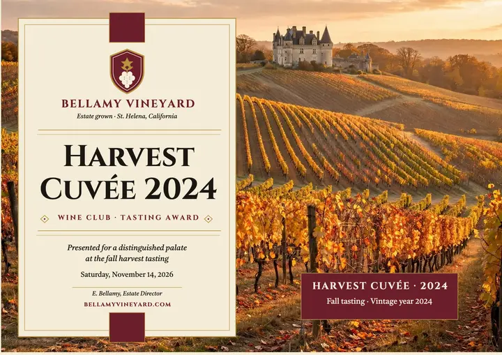 Bellamy Harvest wine certificate template