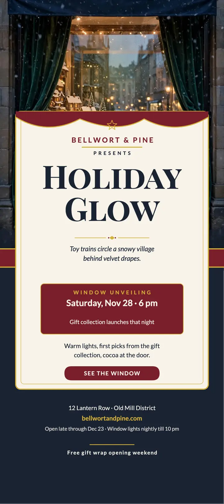 Bellwort and Pine holiday window rack card template