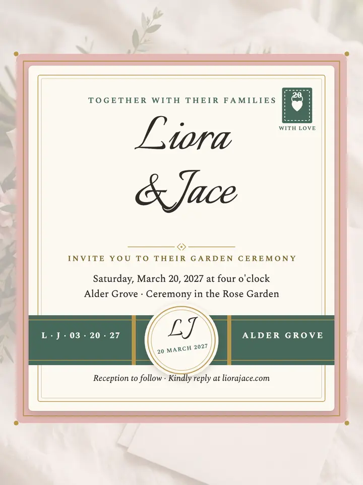 Liora and Jace garden wedding belly-band invite: wedding invitation portrait template