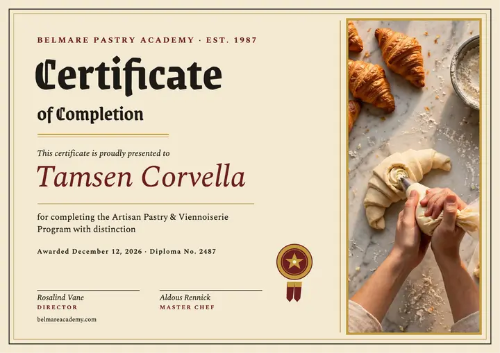 Belmare Pastry Academy completion certificate template