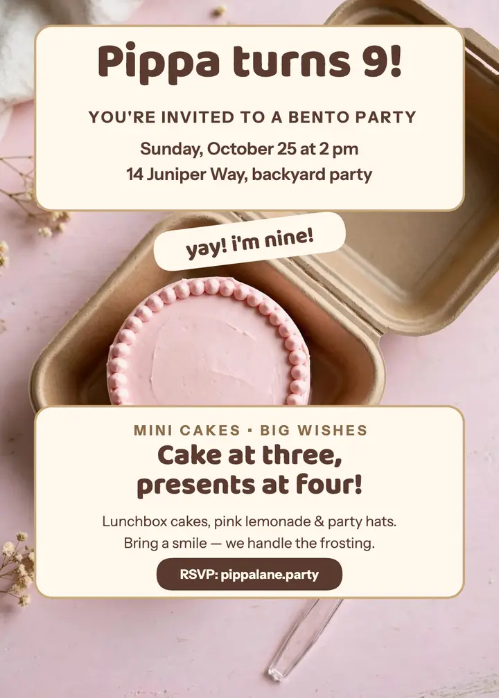 Pippa Lane bento birthday invitation template