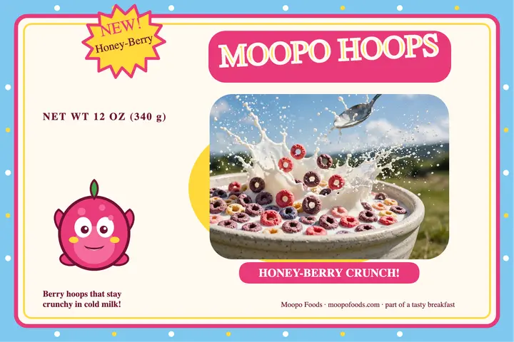 Moopo Hoops berry cereal box postcard template