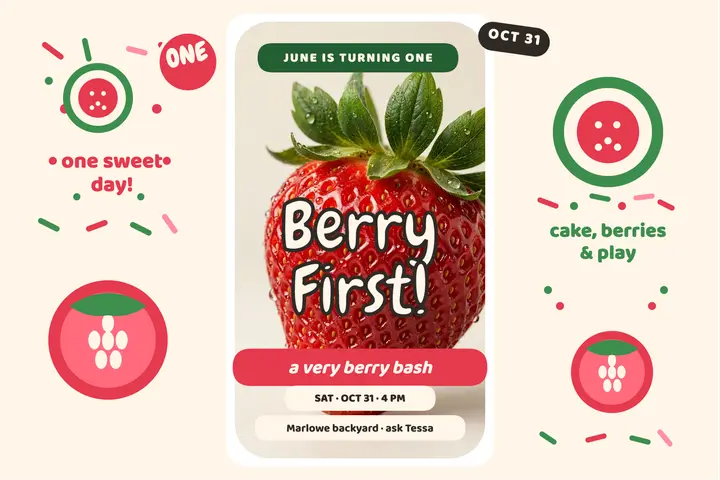 Berry First strawberry birthday postcard: first birthday postcard template