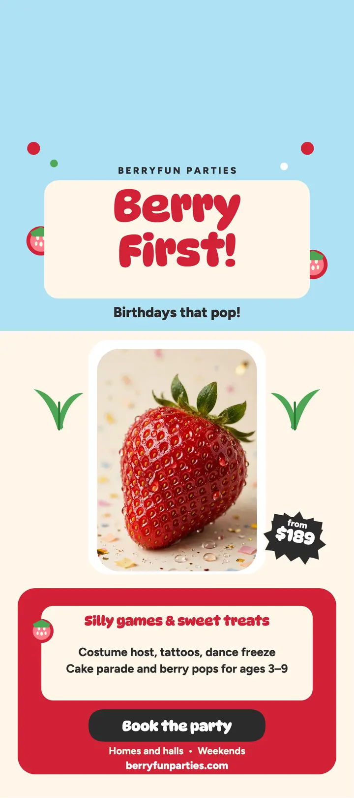 Berry First birthday party rack card template