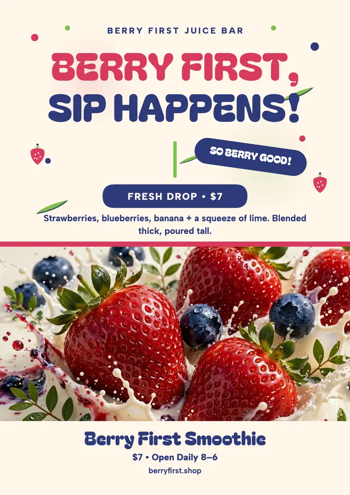 Berry First smoothie launch flyer template