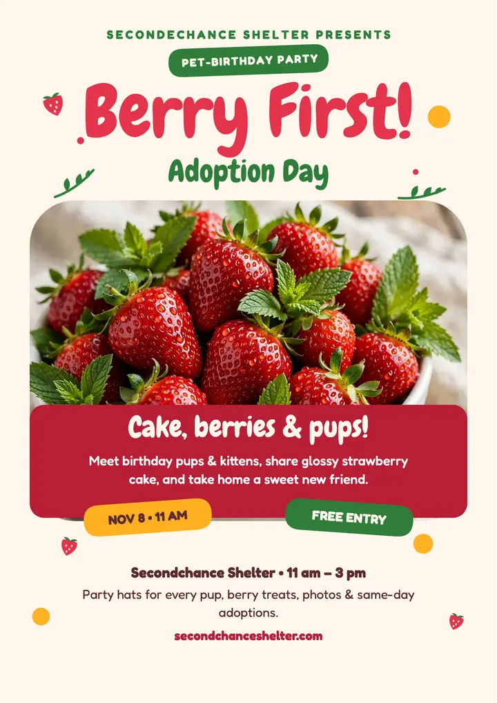 Berry First pet birthday adoption flyer template