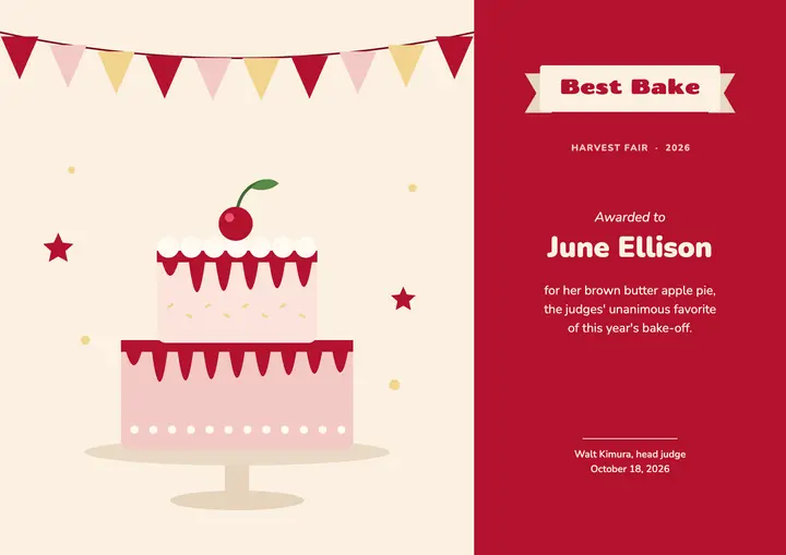 Best Bake contest certificate template