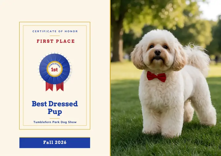 Best Dressed Pup dog show certificate, prize rosette template