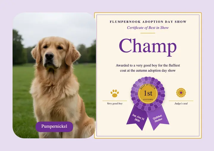 Best in Show dog certificate, prize rosette template