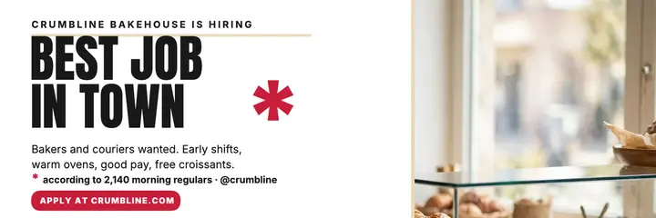 Crumbline hiring header, best job claim: bakery hiring header template