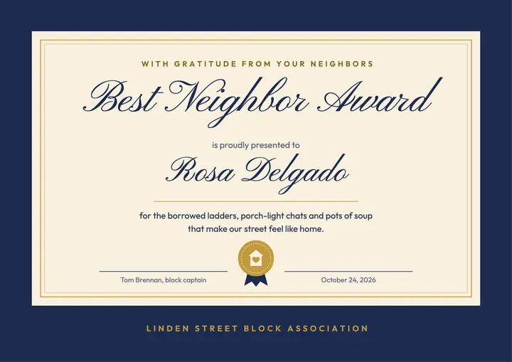 Best Neighbor Award template