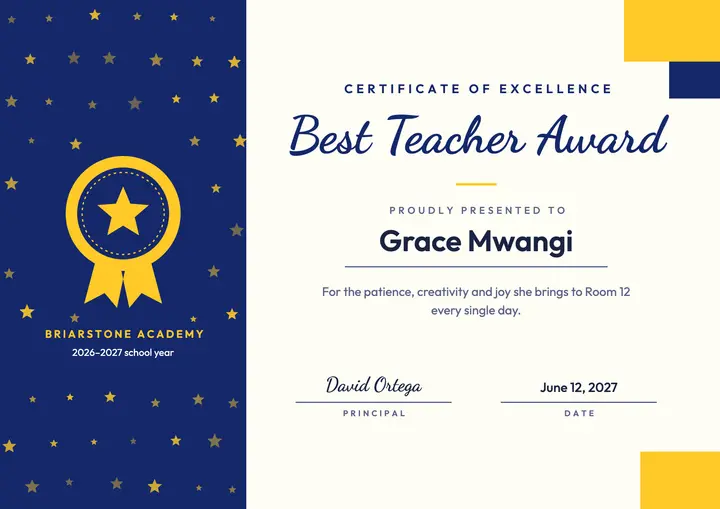 Best Teacher Award certificate template