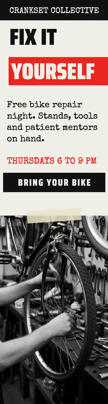 Community bike repair night skyscraper ad, punk zine template