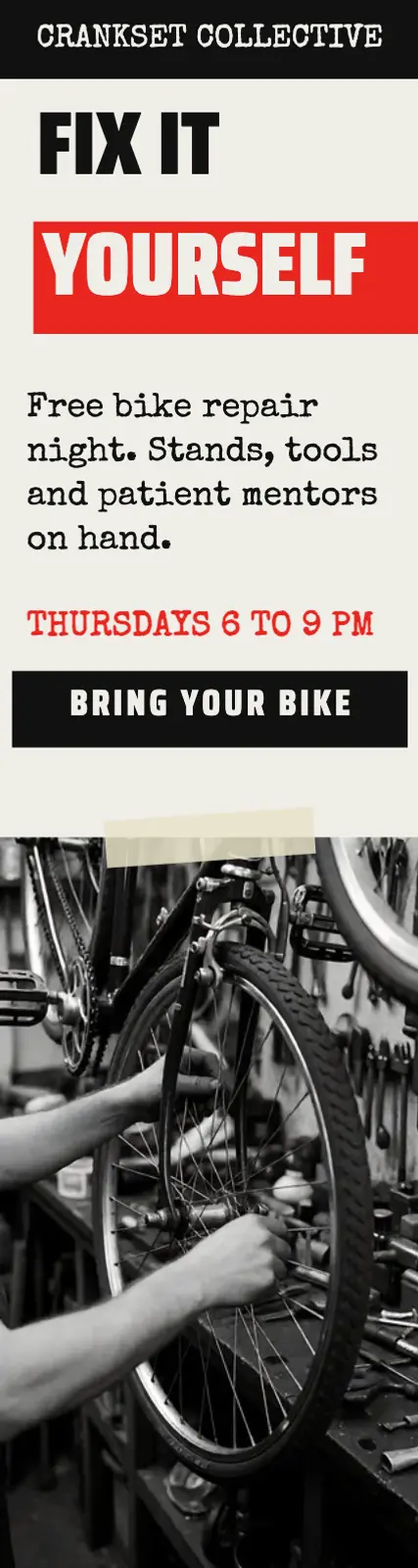 Community bike repair night skyscraper ad, punk zine template