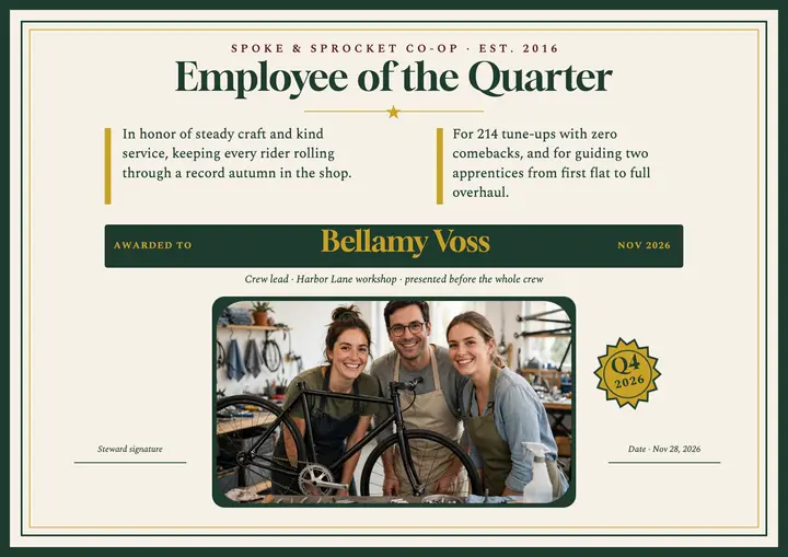 Spoke and Sprocket employee award certificate template
