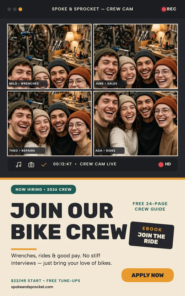 Spoke and Sprocket bike crew hiring cover: bike shop hiring ebook cover template
