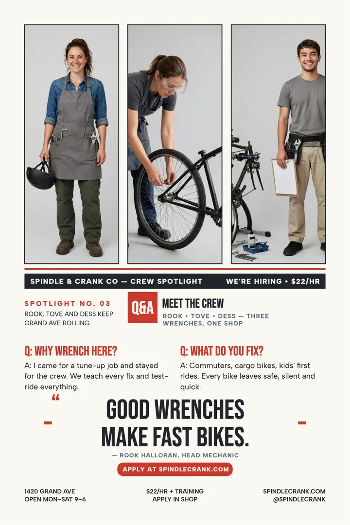 Spindle and Crank crew Q and A hiring poster: bike shop hiring poster template