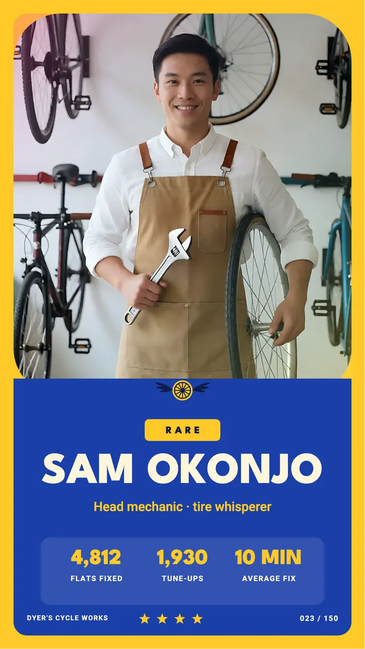 Bike shop mechanic team card story, trading card template